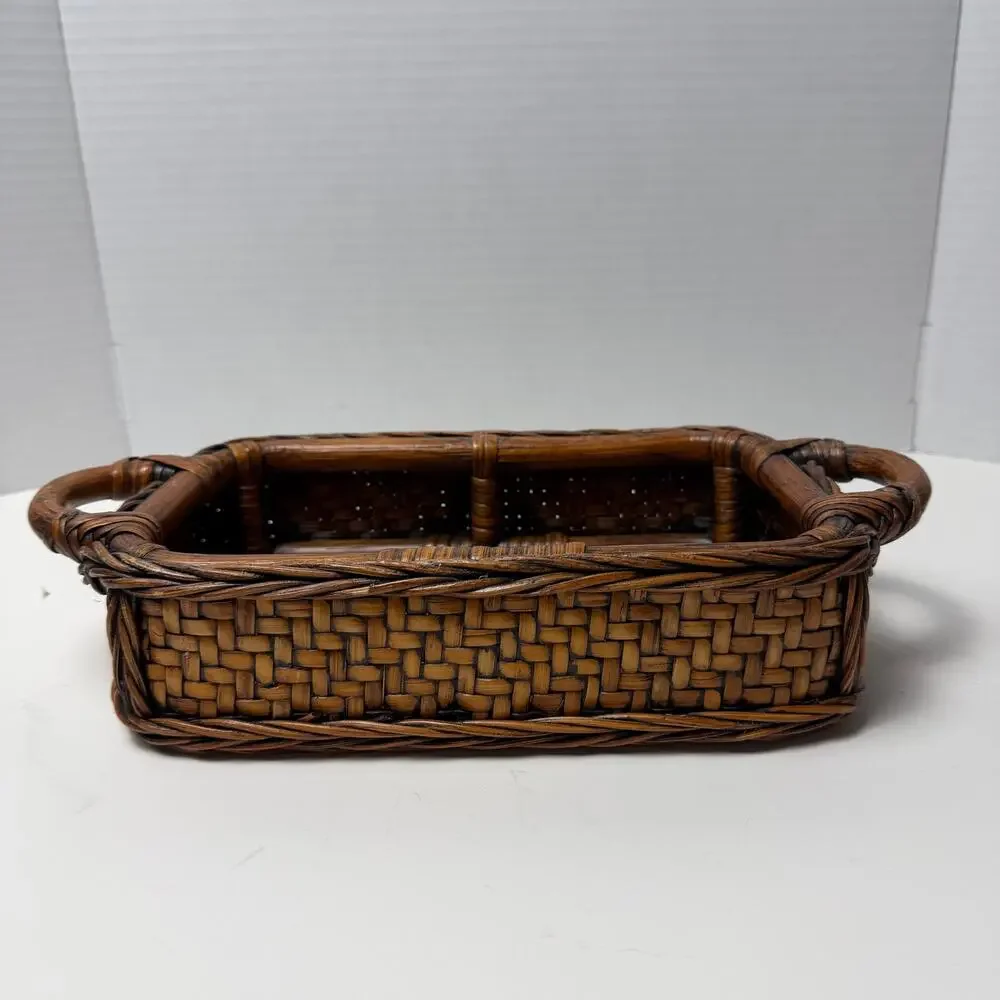 VTG Rattan Wrapped Wood Serving Tray Basket w Handles Boho 13x6 Sturdy Cottage